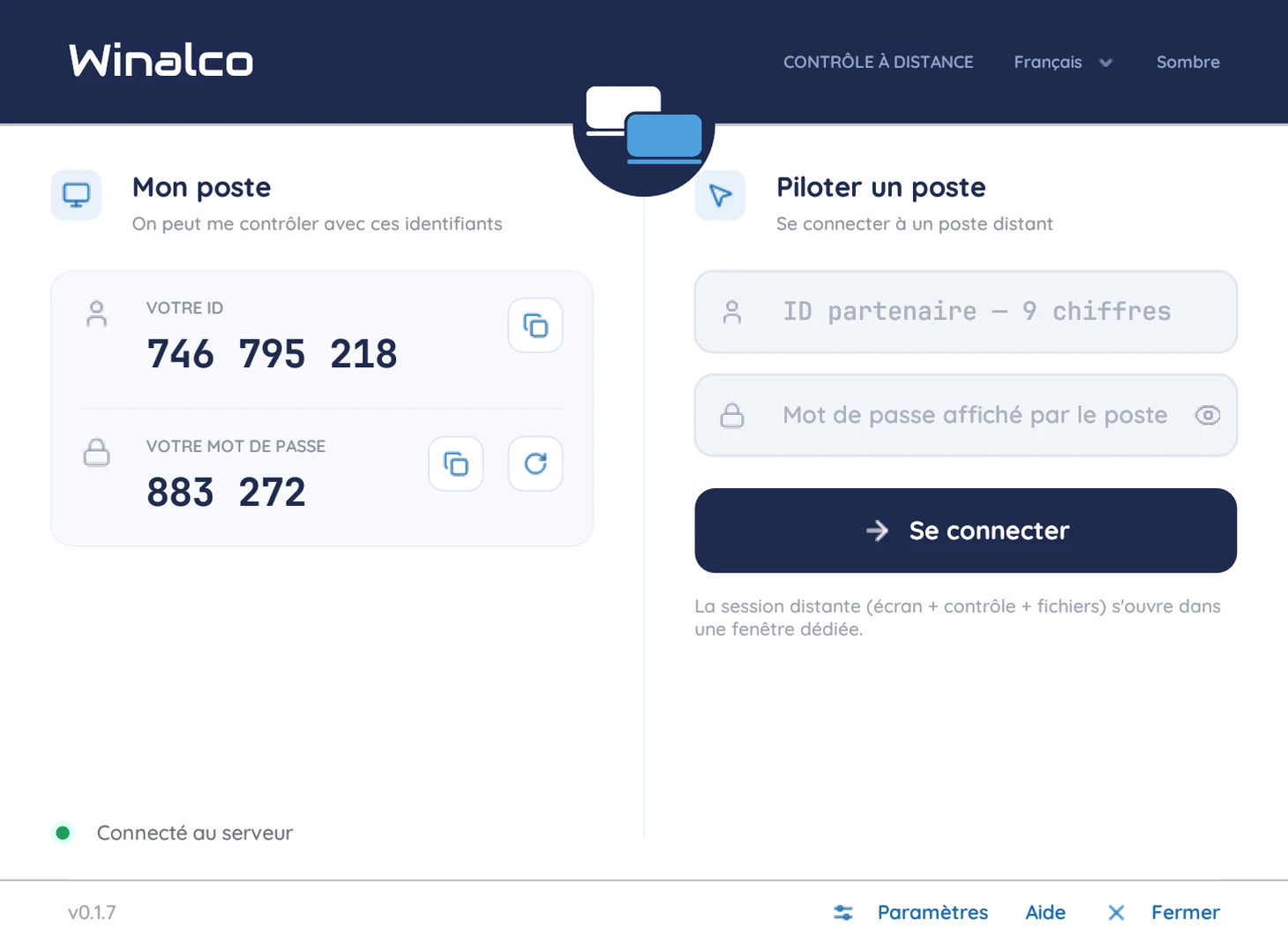 Écran d’accueil de l’application Winalco Remote. À gauche, « Mon poste » affiche l’identifiant 746 795 218 et le mot de passe 883 272. À droite, « Piloter un poste » propose les champs identifiant et mot de passe et le bouton « Se connecter ».